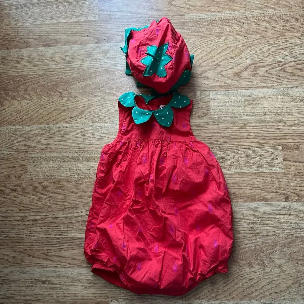 Baby Boden Strawberry Romper & bonnset set 6-9 months